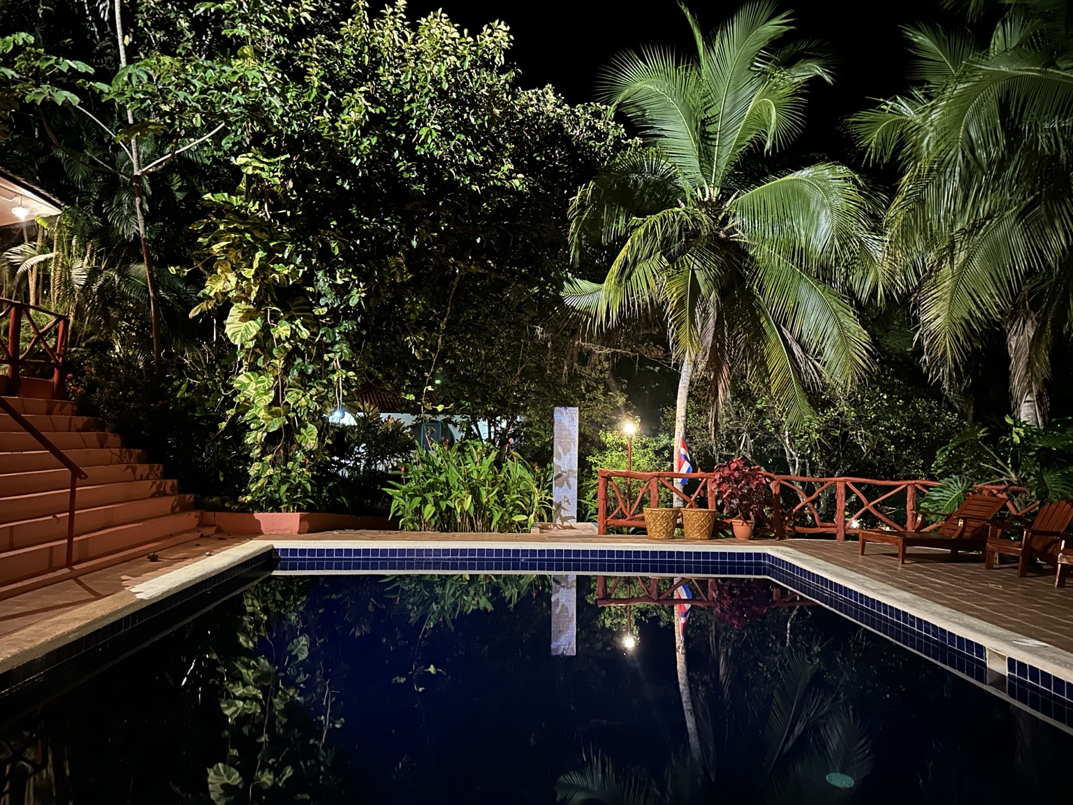 Pool surrounded by illuminated palms at Villas La Paz at night
